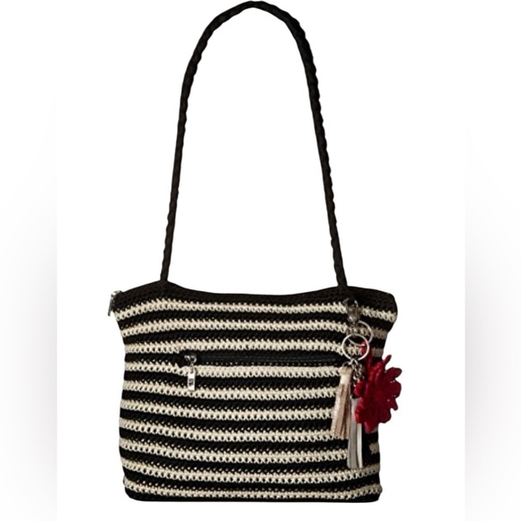 THE SAK Hobo Crochet Knit Black &white Striped w/ pink flower & Tassel charms - Picture 1 of 12
